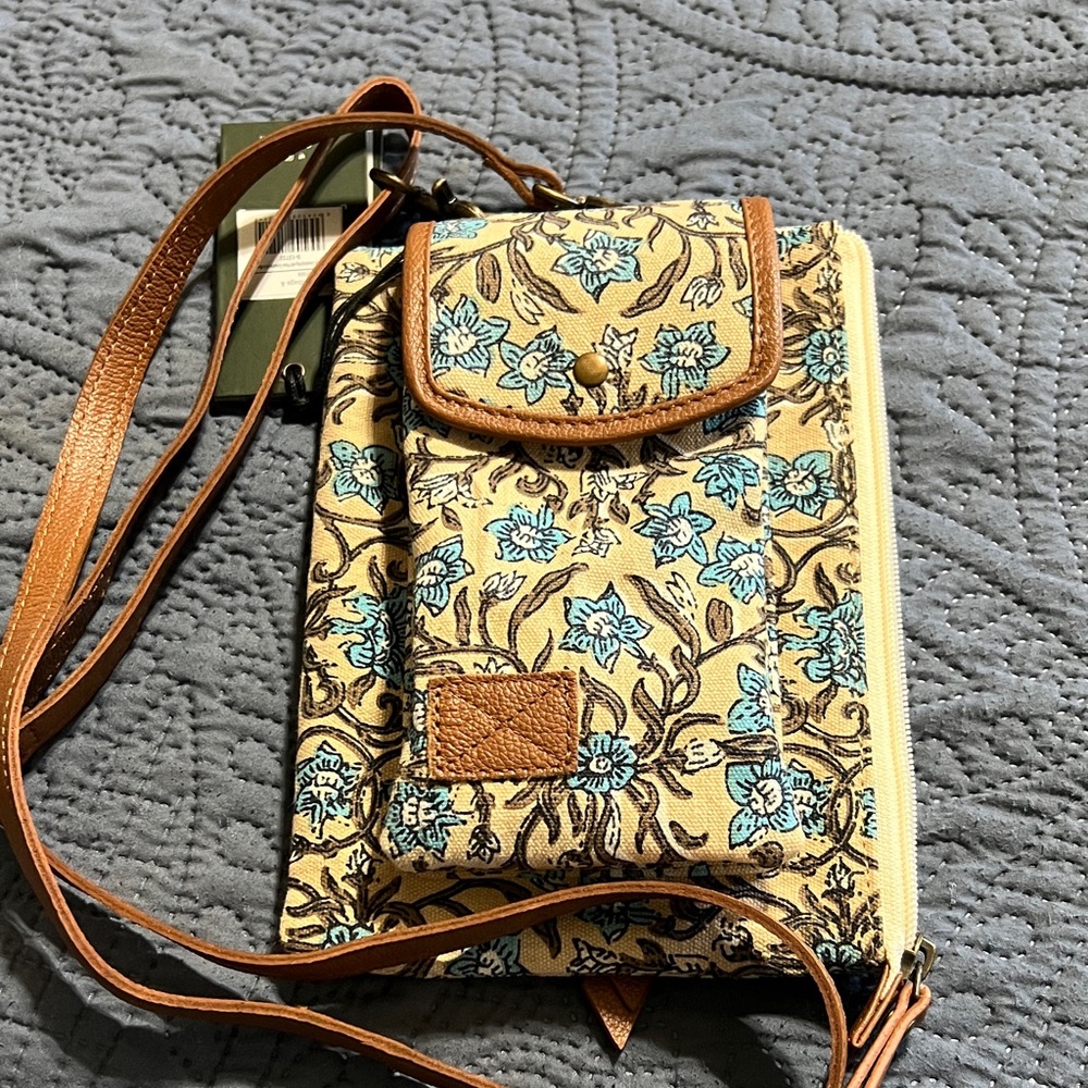 Myra Bag Beige Floral Crossbody with Blue Flower Accents